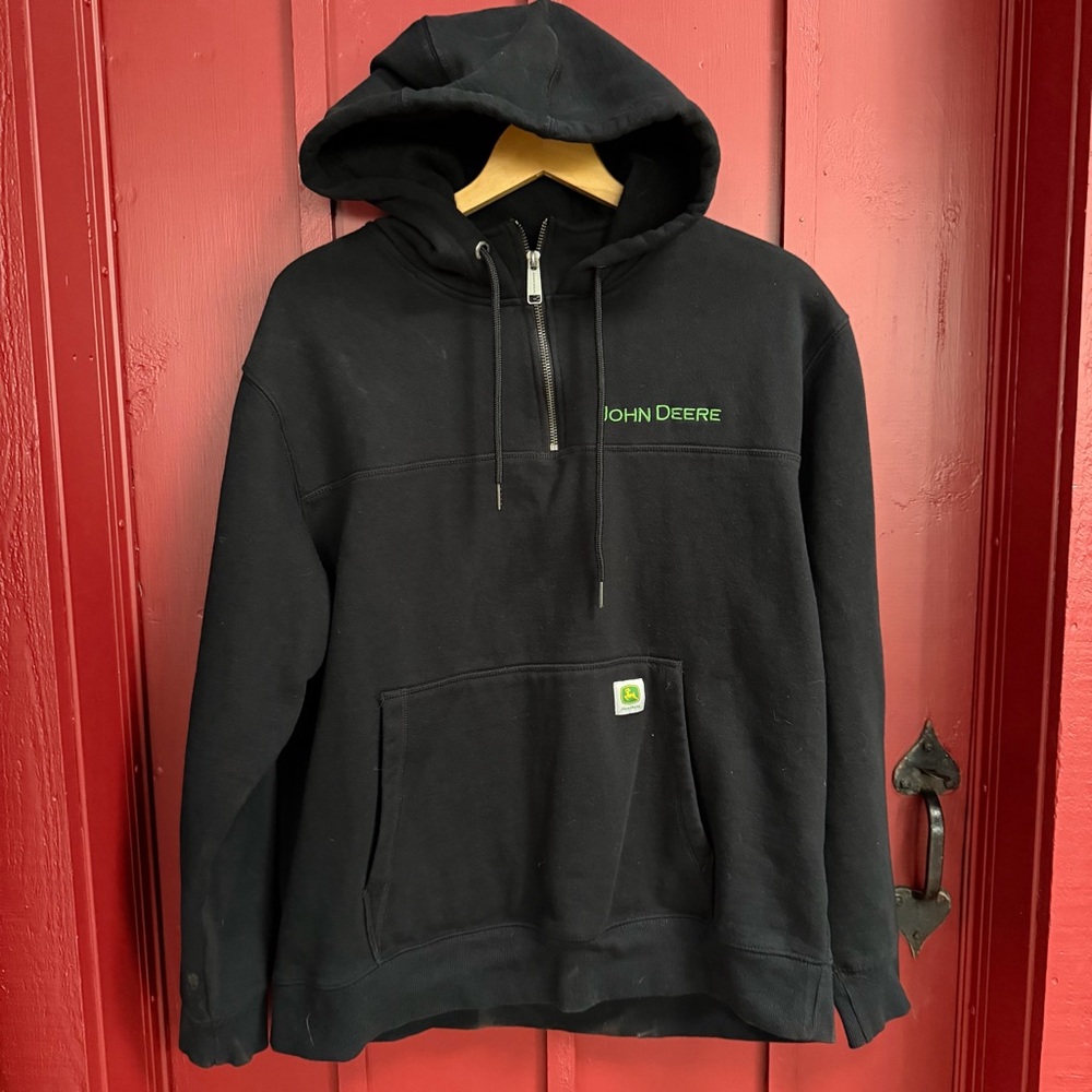 John Deere Black Hooded Quarter-Zip Sweatshirt with Green Logo